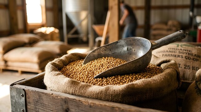 A metal scoop rests inside a burlap sack filled with organic soybeans in a rustic farm warehouse.
