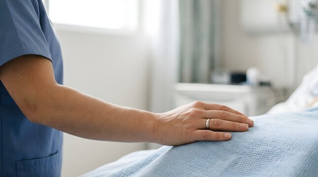 A nurse gently places a hand on a patient in a hospital bed to provide comfort and reassurance now.