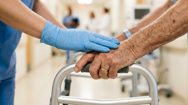 A nurse wearing blue gloves provides gentle support to an elderly person using a metal walker aid.