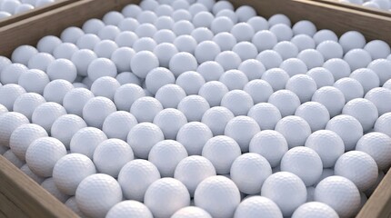 A high angle close up of numerous white golf balls neatly arranged and packed inside a cardboard container.