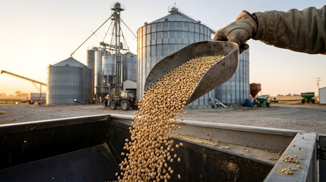 A metal scoop held by a worker dumping golden soybeans into a large container at a grain facility.