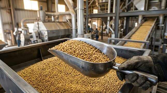 A worker using a metal scoop to move soybeans within a modern industrial food processing facility.