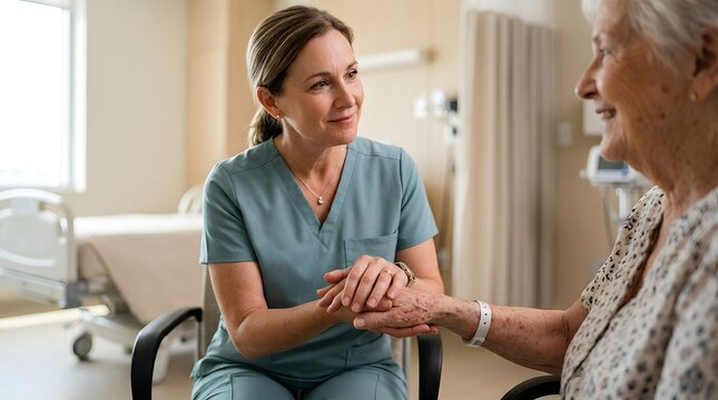 A compassionate medical professional holds the hand of an elderly patient in a hospital room.