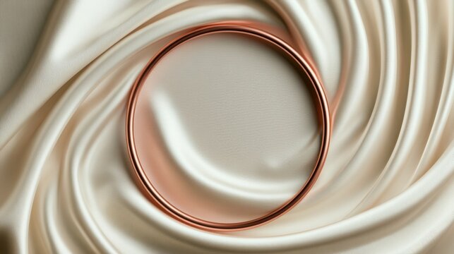 Rose gold ring on satin backdrop, luxurious minimal stilllife with soft folds of cream fabric, warm metallic sheen catching studio light, circular silhouette centered, closeup detail emphasizing