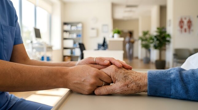 A nurse provides care by holding the hand of an elderly patient in a modern medical clinic room.