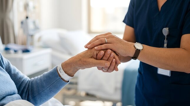 Hands joining together to symbolize medical support and care for a patient in a hospital setting.