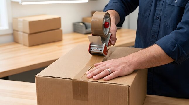 A person uses a handheld tape dispenser to securely seal a cardboard box in a warehouse setting.