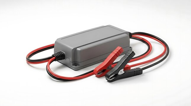 A 12v battery charger with integrated red and black jumper cables for automotive maintenance isolated on a clean white background for shop photography