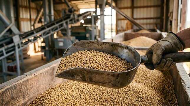 A worker wearing a leather glove uses a metal scoop to handle a large pile of harvested soy beans.