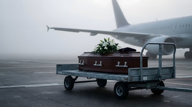 A wooden funeral casket adorned with white lilies sits on a trolley on a foggy airport tarmac.