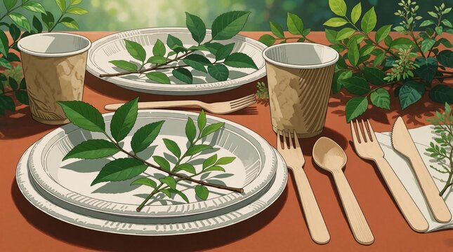 Eco friendly table setting with biodegradable plates cups and wooden cutlery. Green leaves accent natural dining ware arranged outdoors on a warm surface. Zero waste lifestyle.