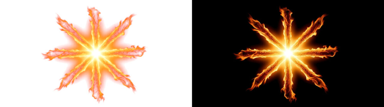 Blazing star fire element with radiating glowing ember spokes for high quality fire overlay isolated on transparent background