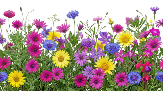 Un hermoso borde floral con una vibrante mezcla de flores silvestres coloridas, incluyendo margaritas africanas, acianos y flores de primavera sobre un fondo blanco aislado