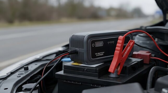 A close-up view of a 12v battery charger connected to a car battery under the hood, illustrating essential vehicle maintenance and roadside assistance.