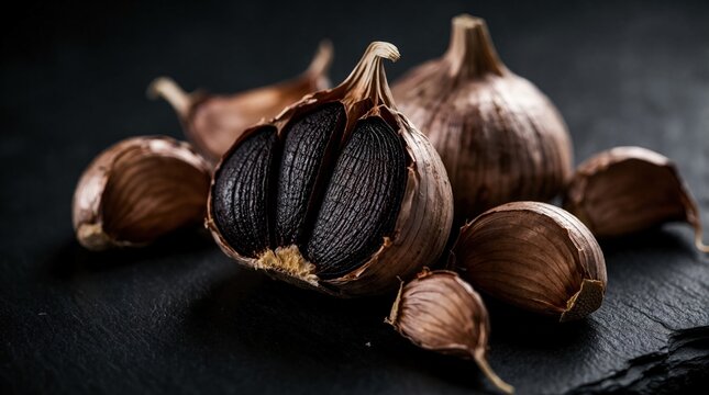 Dark gourmet black garlic bulbs, cloves artfully arranged on slate surface. Ingredient offers unique umami flavor for culinary creations, health benefits. Perfect for food blogs, restaurant menus.