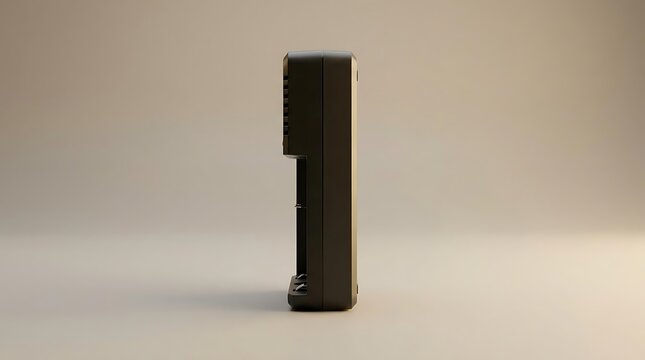 A side view studio shot of a modern 12v battery charger featuring a clean minimalist black design isolated on a soft neutral gray background for tech