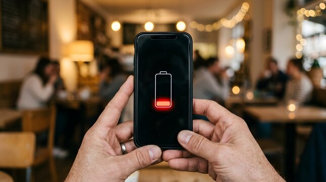 Close up of hands holding a smartphone with red low battery icon on screen in a cafe