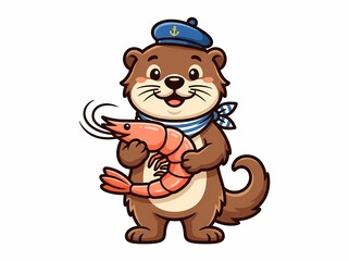 Fototapeta premium Cute cartoon otter sailor holding a fresh shrimp.
