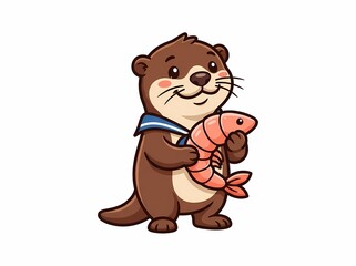 Fototapeta premium Cute cartoon otter wearing a sailor collar holding a fresh shrimp.