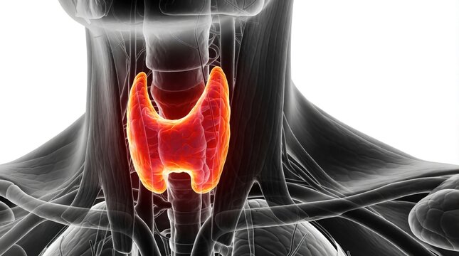 3D medical illustration of inflamed thyroid gland with autoimmune thyroiditis disease, hyperthyroid state, rendering of scientific accurate pathological visualization