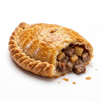 Beef and Potato Cornish Pasty Cut Open Showing Chunky Filling on White Background Food Photography