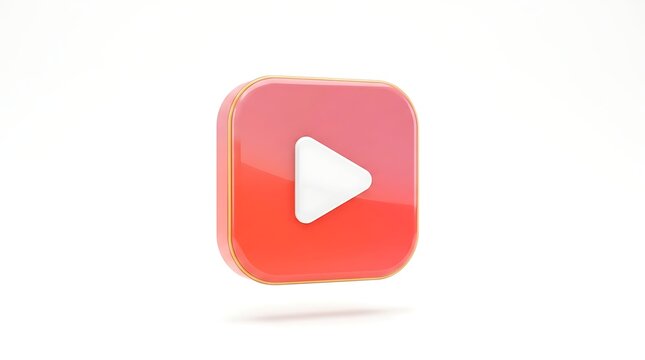A glossy 3D red play button icon isolated on a white background for web and mobile media applications.