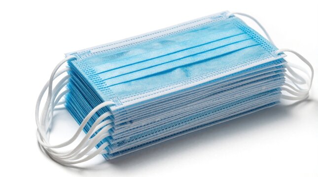 Neat stack of blue surgical face masks with elastic straps on white background. Disposable medical items for personal protection and hygiene. Healthcare supply for virus prevention.