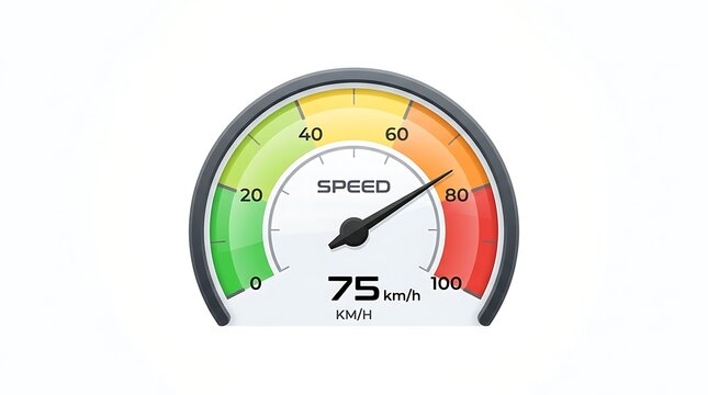 Modern speedometer showing 75 km/h on a clean, colorful dial.