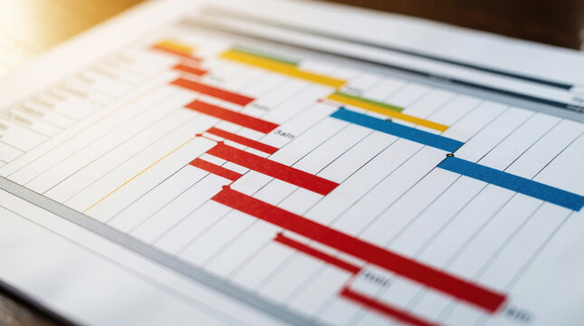 Project schedule document with color coded tasks. Gantt chart shows deadlines and task duration for project planning and management. Business workflow progress on paper.