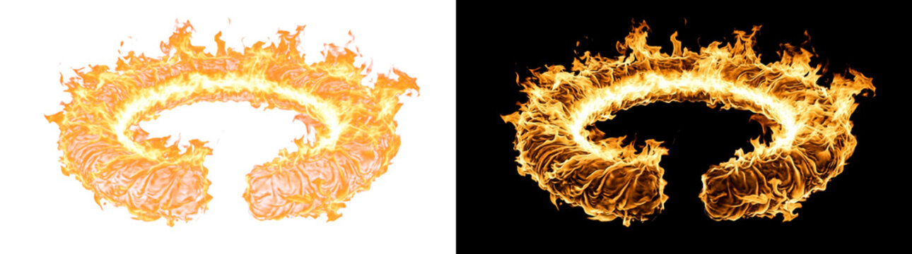 Fiery open ring toroid with blazing amber flame tongues suspended over gap, fire overlay isolated on transparent background