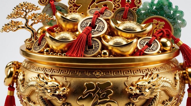 Golden treasure pot decorated with dragons, Asian symbols, filled with gold coins, ingots, red tassels. Represents ancient beliefs for wealth, prosperity, luck. Culturally significant artifact likely