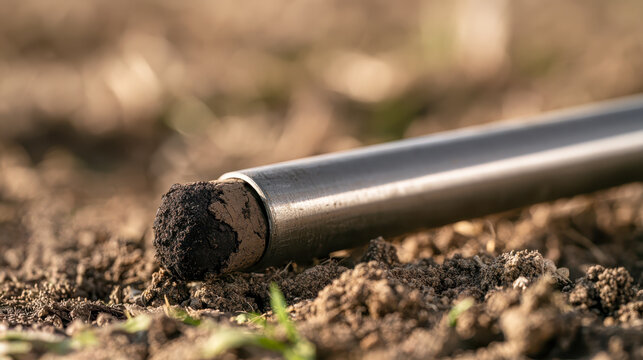 Steel soil sampling tube holding a dark soil core lying on rough earth in a farm field
