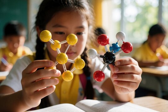 Young Asian girl studies chemistry holding molecular models in a bright classroom. She is curious and focused on learning about chemical structures and bonds during a science lesson.
