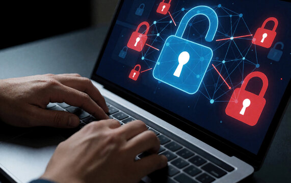 Person types on laptop computer with digital security padlock icons on screen. Cyber safety concept shows data protection, privacy online. Man uses keyboard for secure web browsing, encryption, safe