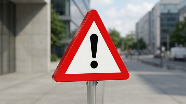 A triangular red and white warning sign with an exclamation mark standing on a city sidewalk.
