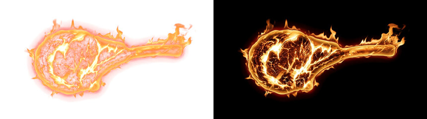 Fototapeta premium Glowing ember long bone steak heat element with realistic fire light transparent design overlay