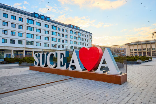 I love Suceava sign in city square at sunset. March 3, 2026, Suceava Romania