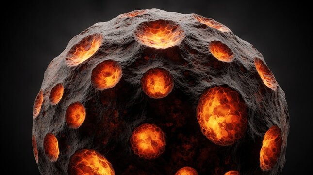 Fiery, cratered planetoid floats in void. Molten lava glows within deep impact craters on its rocky, textured surface. Cosmic object emits orange and yellow light.