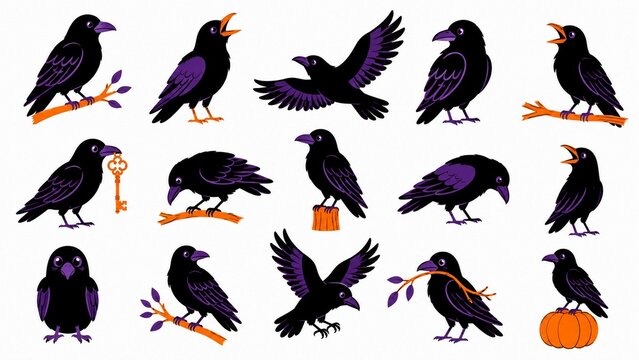 Cute halloween raven clipart bundle, black crow vector set