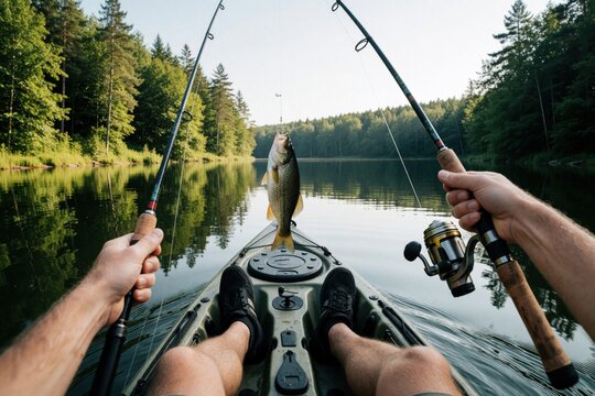Knees of fisherman in kayak, holding poles over calm lake water. Freshly caught fish hangs from line suspended between poles. Dense forest flanks both sides of lake. Clear skies overhead.