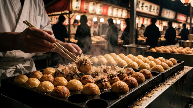 Street vendor cooks takoyaki balls on hot griddle. Chef flips food with chopsticks at busy night market. Steam rises from snack, customers wait.
