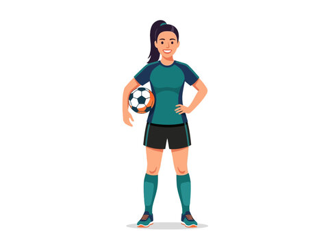 Joyful Female Soccer Player Holding Ball Confident Pose
