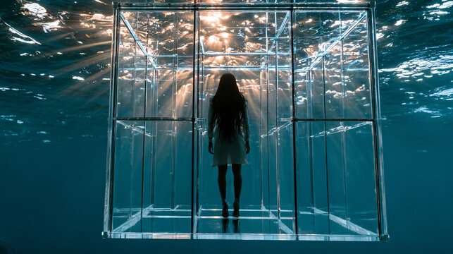Emotional Isolation trapped in Glass Box Underwater Allegory