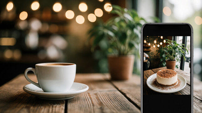 Cafe interior scene with coffee cup and cake photo on phone. Barista photographs dessert for online shop, promoting cafe lifestyle and eco friendly products. Space for text.