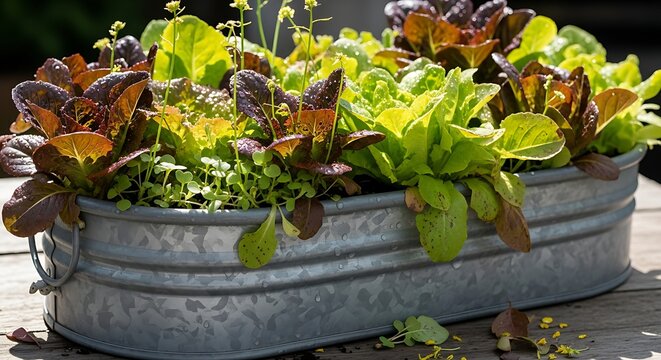 Fresh Lettuce and Green Herb Plants in Metal Tub Planter