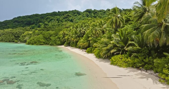 Tegua island beach offering a secluded tropical paradise with white sand, lush green jungle, and palm trees fringing turquoise shallow ocean water under a bright sky. Vanuatu travel destination