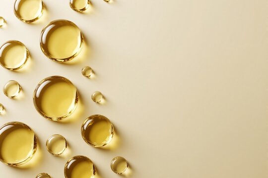 Golden oil droplets rest on a soft beige surface. This macro shot shows a pure cosmetic texture, perfect for beauty and wellness advertising concepts.