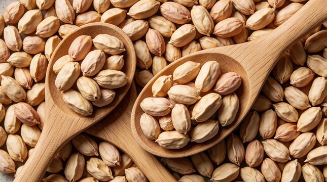 Two wooden spoons hold shelled peanuts on a pile. Nuts fill background showing raw ingredients for cooking healthy snacks. Food concept from top view.
