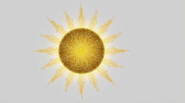 Golden sun stylized with circuit board lines and glowing nodes. Digital sun graphic represents tech innovation, artificial intelligence, and future energy concepts. Bright abstract design.