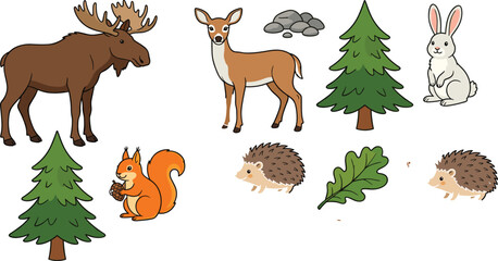Obraz premium Cute woodland animal collection featuring moose, deer, rabbit, squirrel, hedgehogs, pine trees, oak leaf, and forest wildlife illustrations